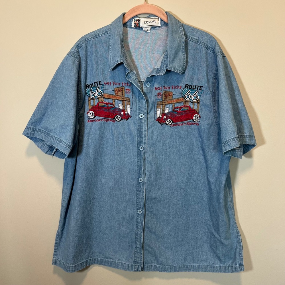 Passion-I Route 66 Get Your Kicks Embroidered Denim Button Down Shirt XL Blue